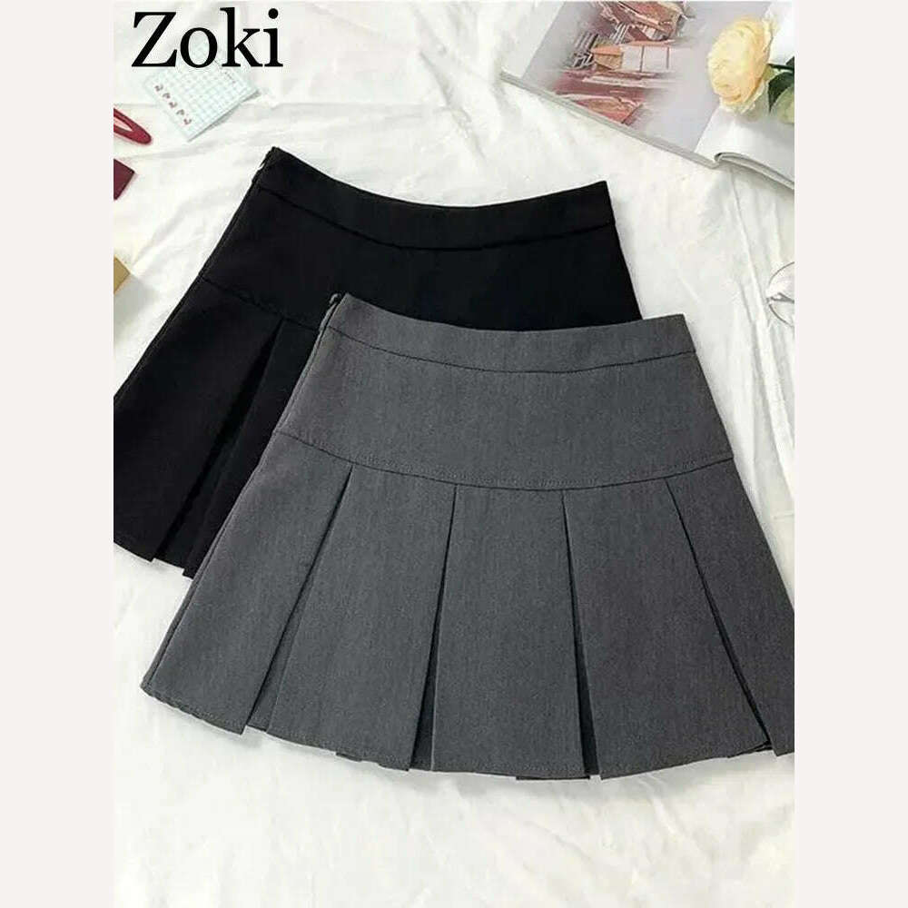 KIMLUD, ZOKI  Vintage Gray Pleated Skirt Women Kawaii High Waist Mini Skirts Korean Fashion School Uniform Harajuku Streetwear Spring, KIMLUD Womens Clothes